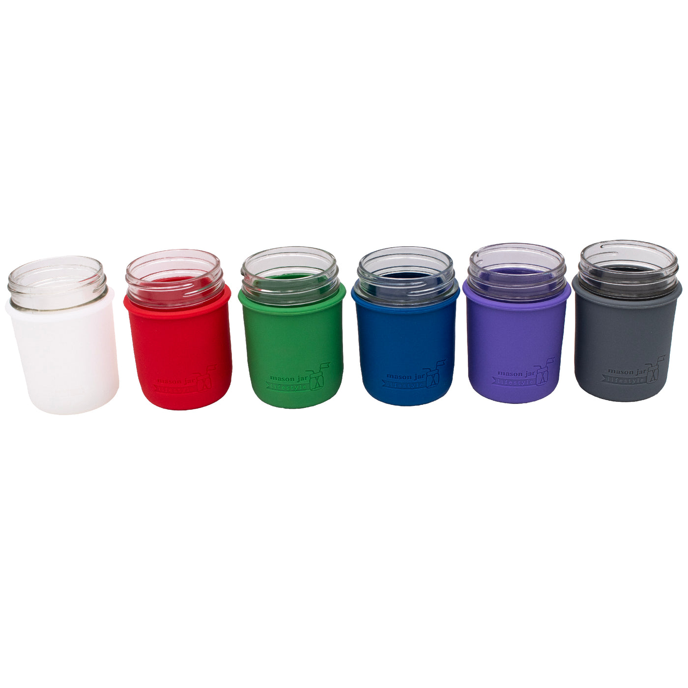 Core color sleeves for regular mouth 8oz Mason jar: frost, cherry red, leaf green, deep blue, ultra violet, and charcoal gray.