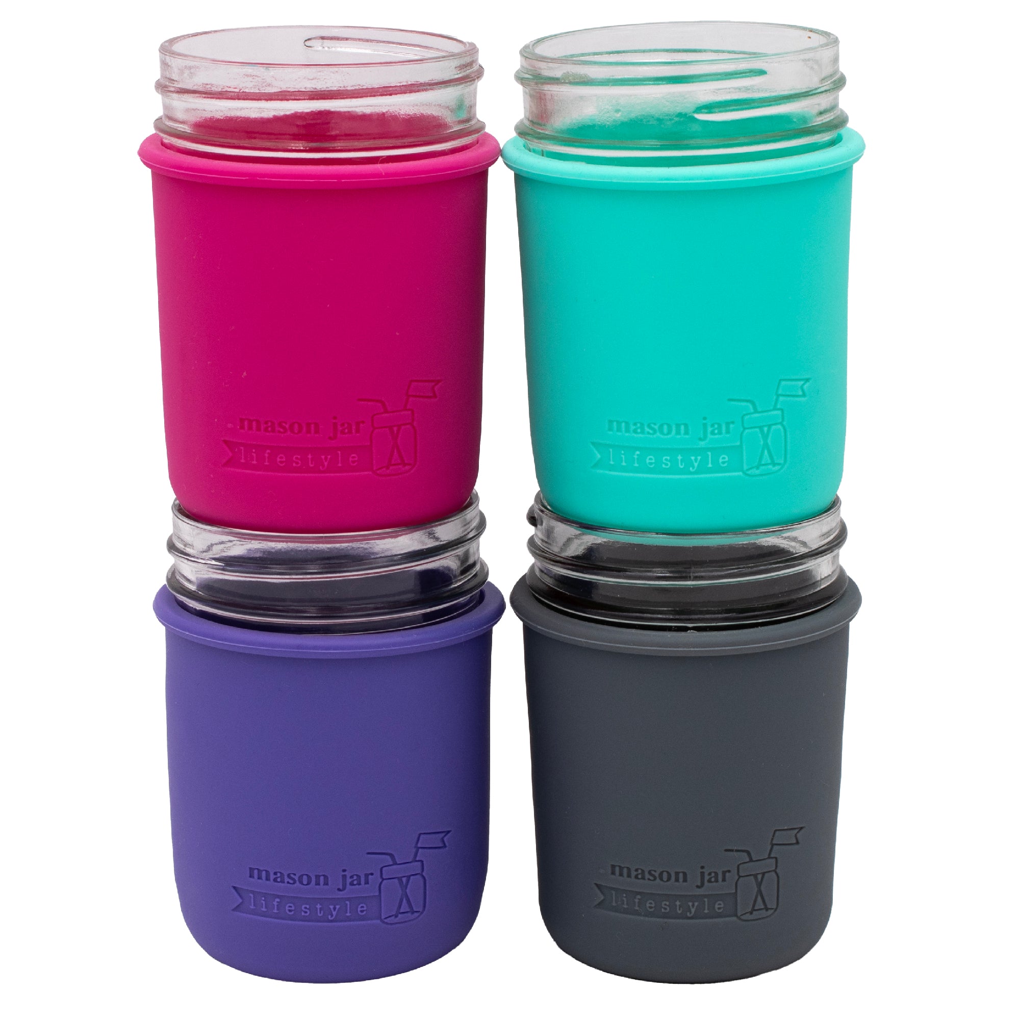 Enchanted sleeves for regular mouth 8oz Mason jar: berry pink, aquamarine, ultra violet, and charcoal gray.