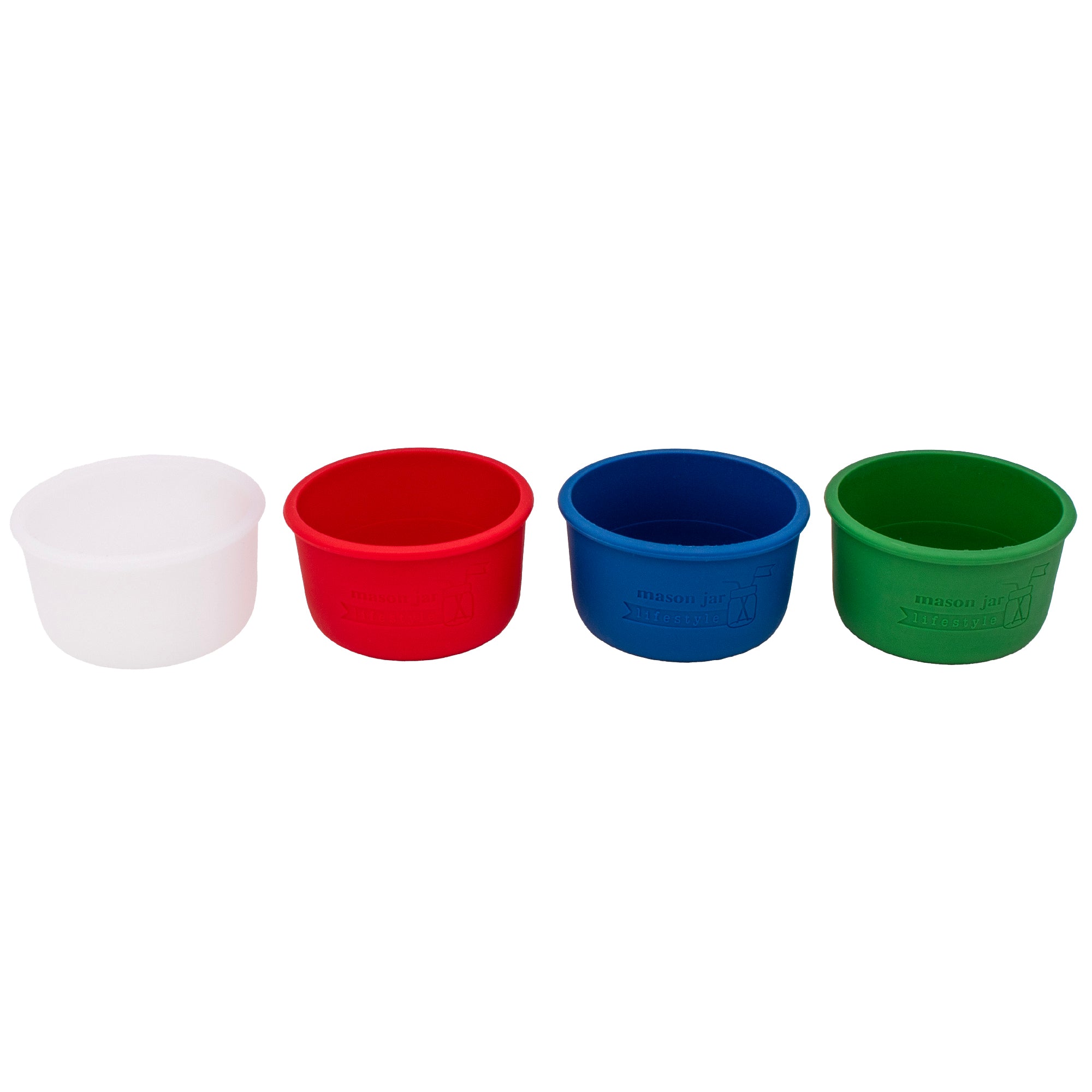 Americana wide mouth 8oz sleeves for Mason jars: frost, cherry red, deep blue, and leaf green.