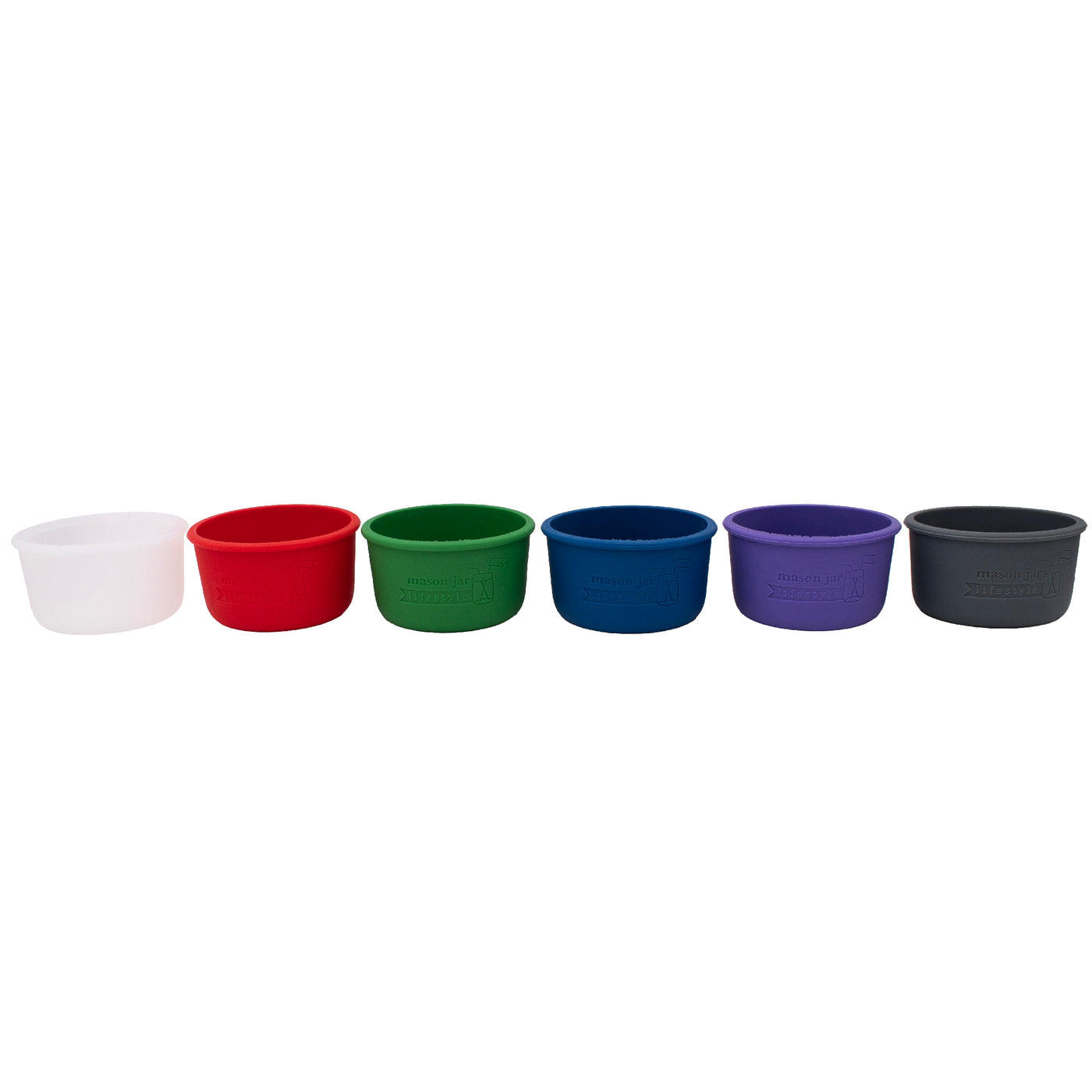 Core color wide mouth 8oz sleeves for Mason jars: frost, cherry red, leaf green, deep blue, ultra violet, and charcoal gray.