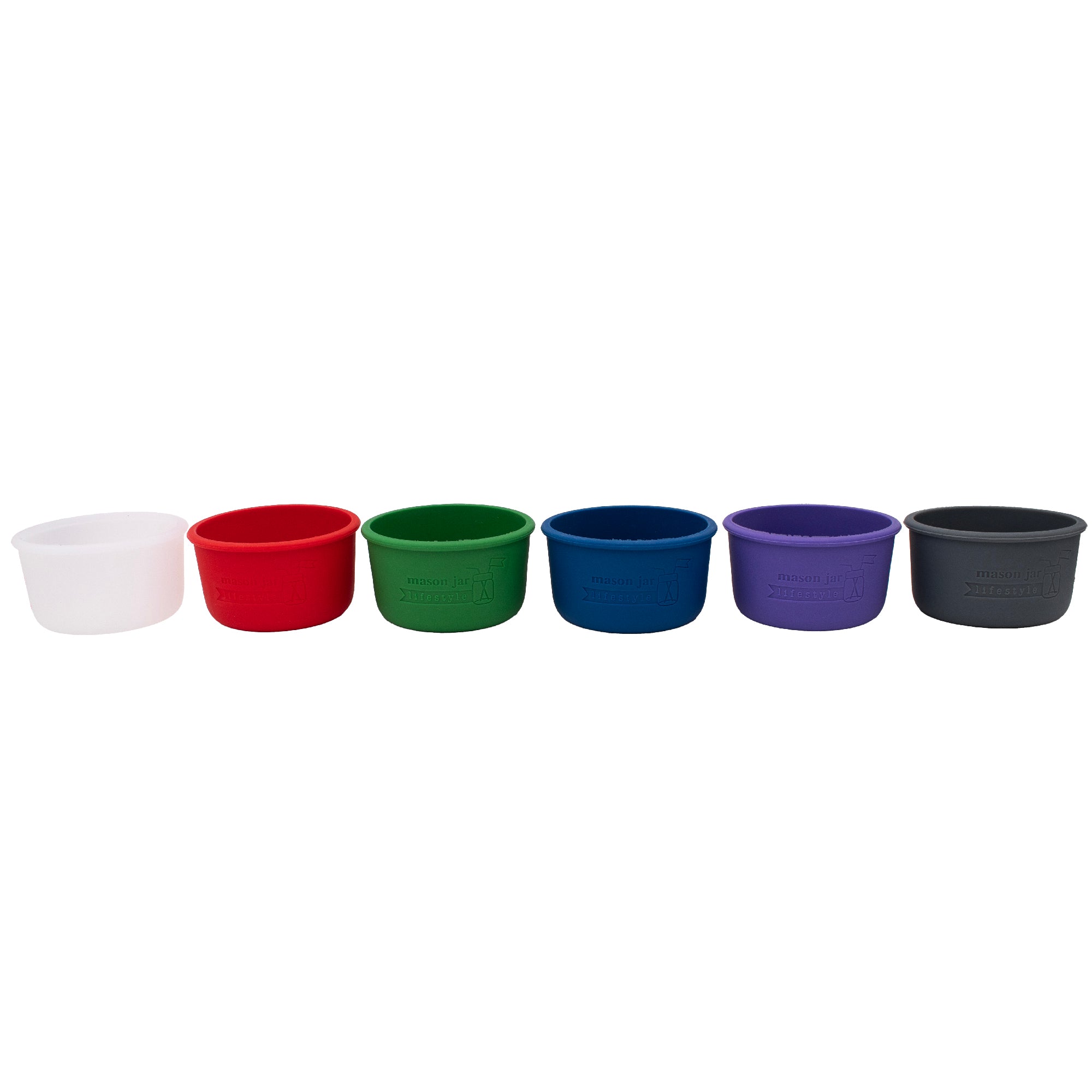 Core color wide mouth 8oz sleeves for Mason jars: frost, cherry red, leaf green, deep blue, ultra violet, and charcoal gray.