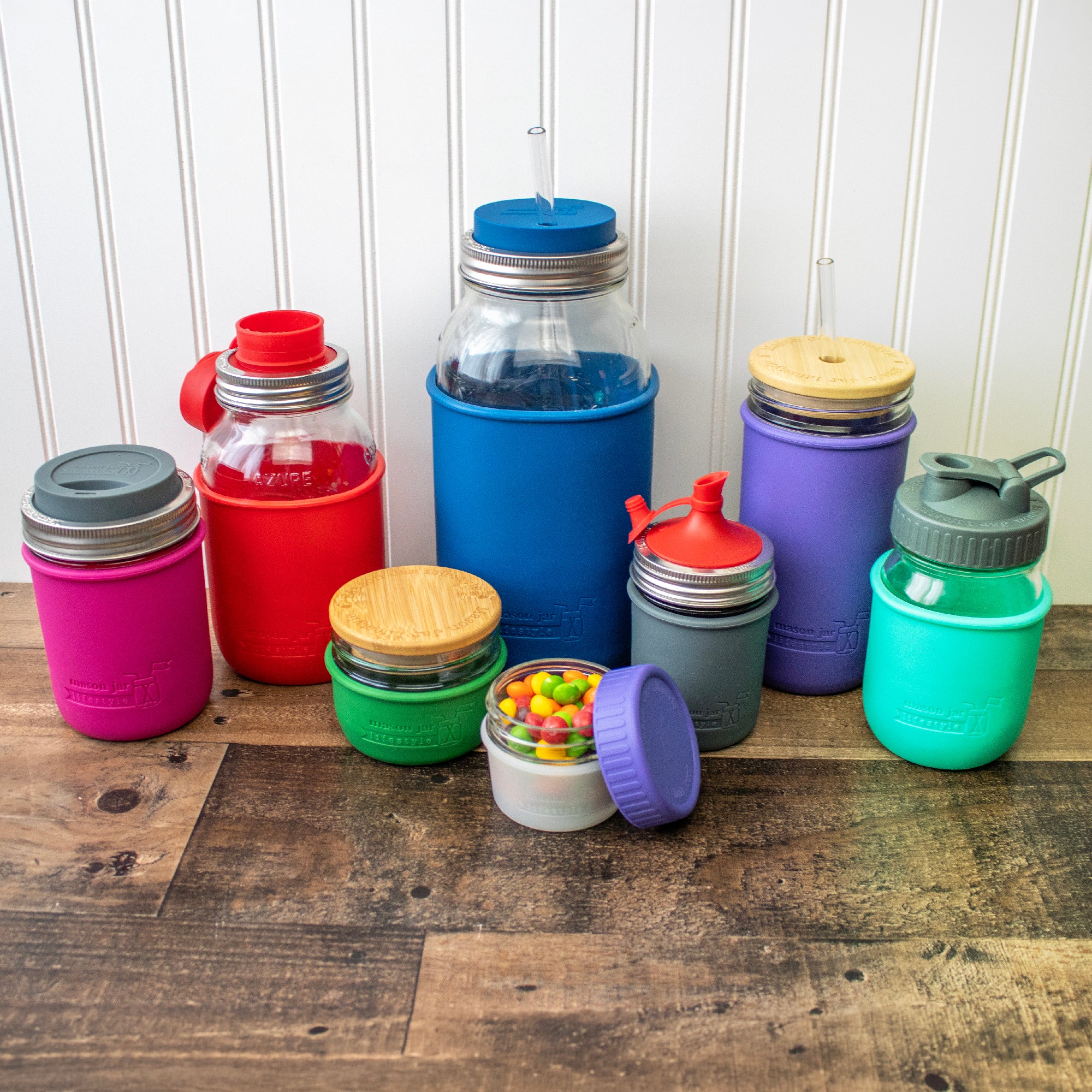 All sizes available in Mason jar silicone sleeves available: 4oz, 8oz, 16oz, 24oz, 32oz, and 64 oz.