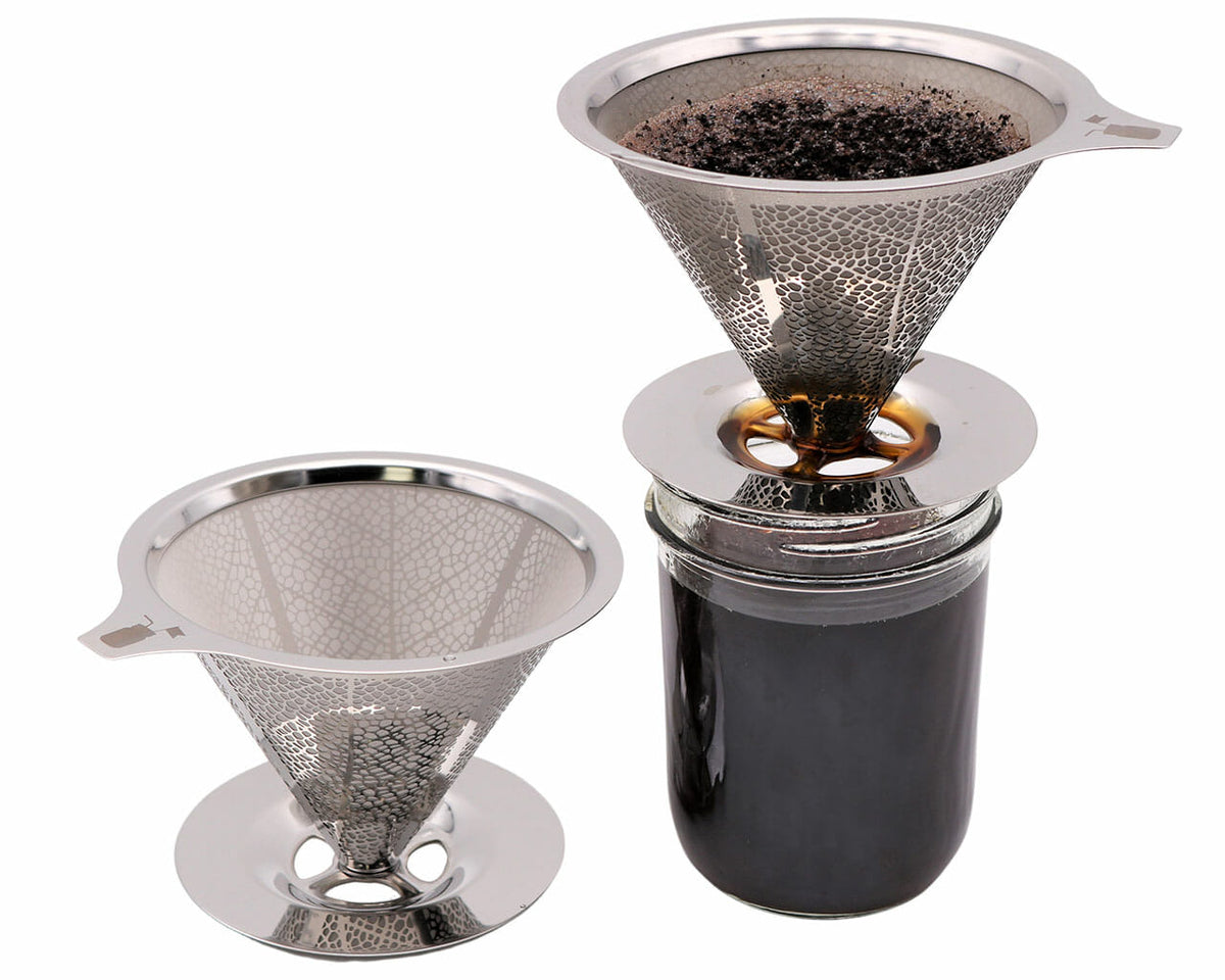 Stainless steel pour-over coffee filter, shown brewing on a Wide Mouth Mason jar and separately on a white background.