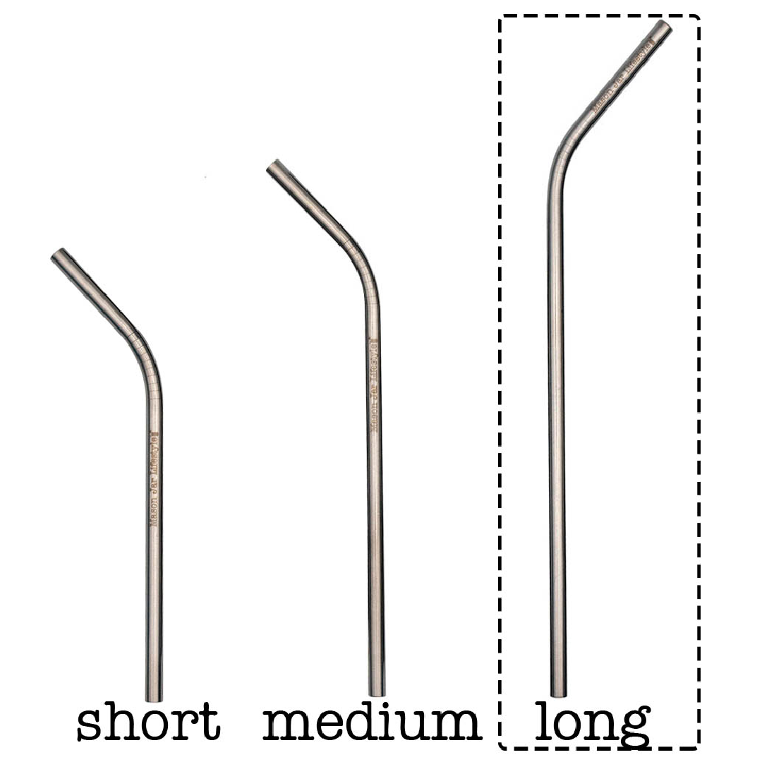 Long Thin Bent stainless steel straw highlighted beside Short and Medium sizes.