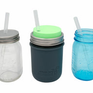 Medium platinum cured silicone straws in pint 16oz Mason jars with Mason Jar Lifestyle silicone sleeve and lids