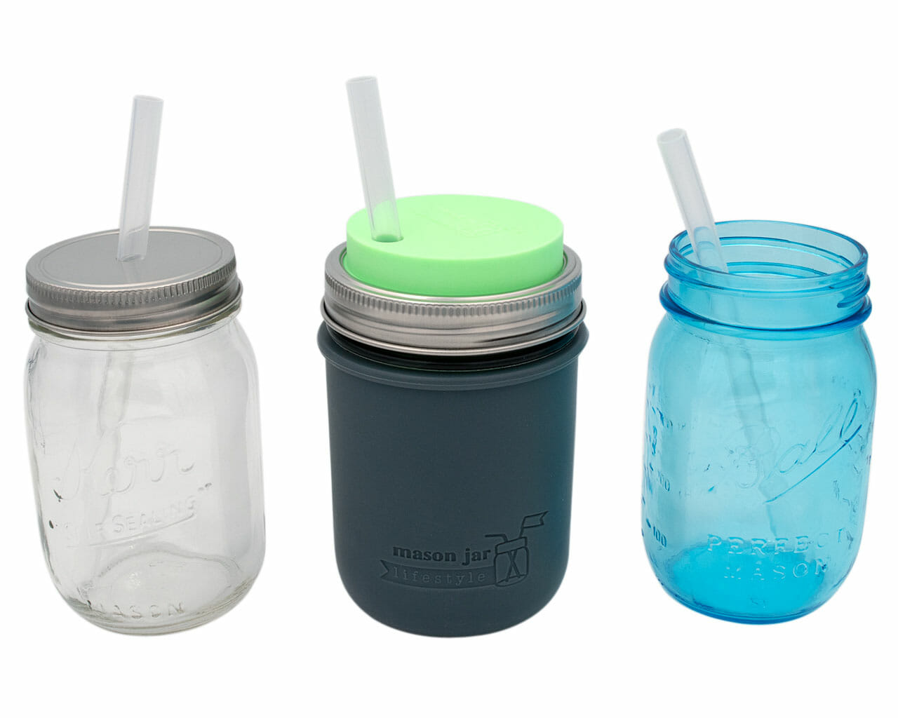 Medium platinum cured silicone straws in pint 16oz Mason jars with Mason Jar Lifestyle silicone sleeve and lids