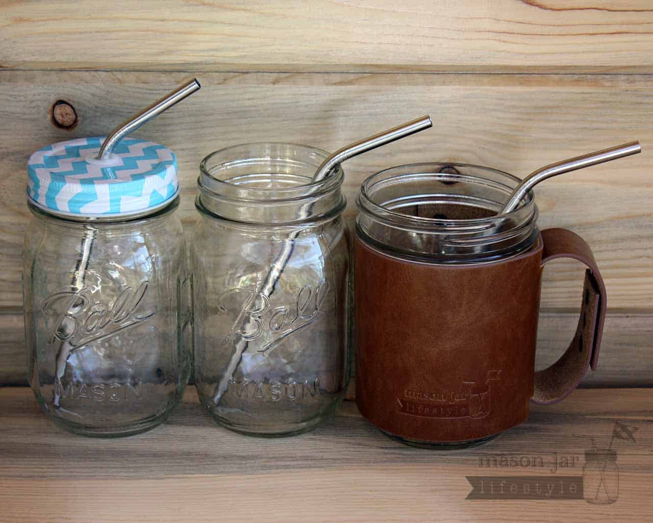 Medium thin bent stainless steel metal straws in three pint Mason jar