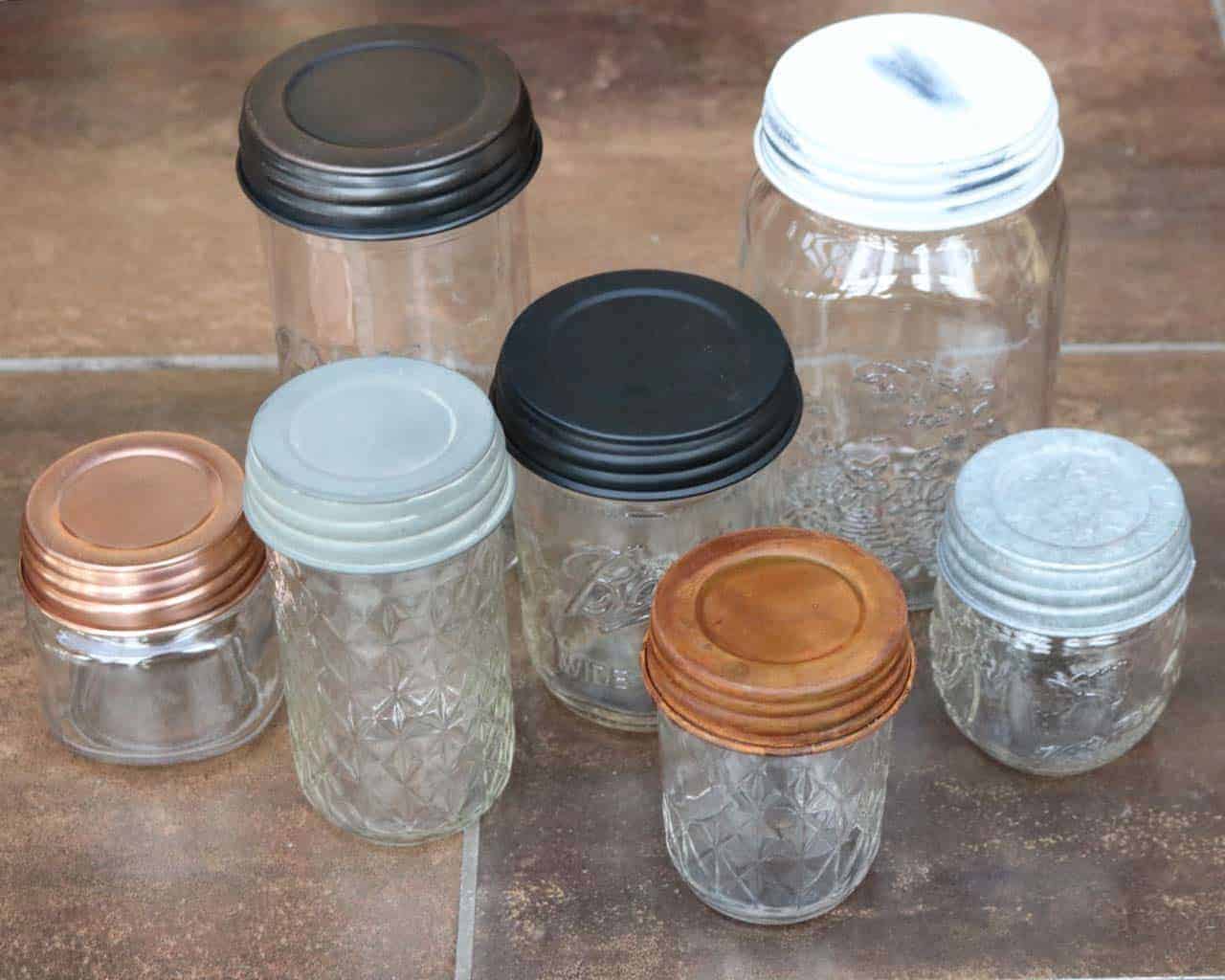 Decorative and primitive Mason jar lids with Ball Mason jars