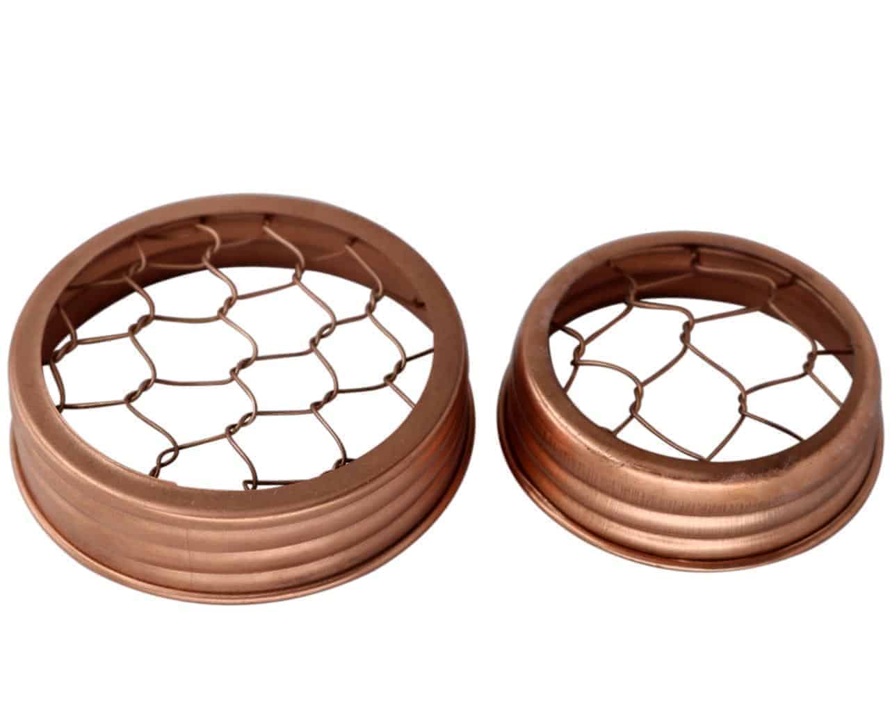 Shiny copper frog / flower organizer lids with chicken wire for regular and wide mouth Mason jars