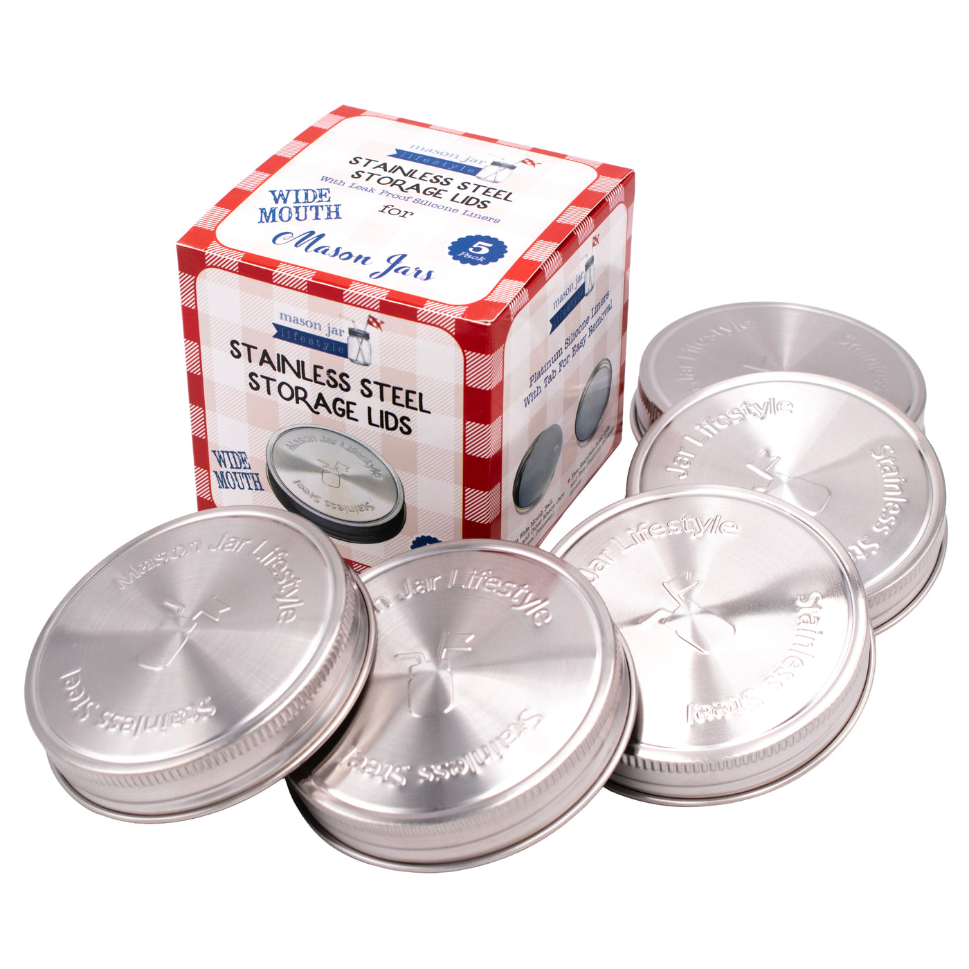 Stainless Steel Storage Lids with Leak-Proof Silicone Liners for Mason Jars 5 Pack