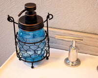 one-jar-caddy-carrying-holding-hanging-pint-16oz-mason-jar-chicken-wire-soap-pump-blue-sink