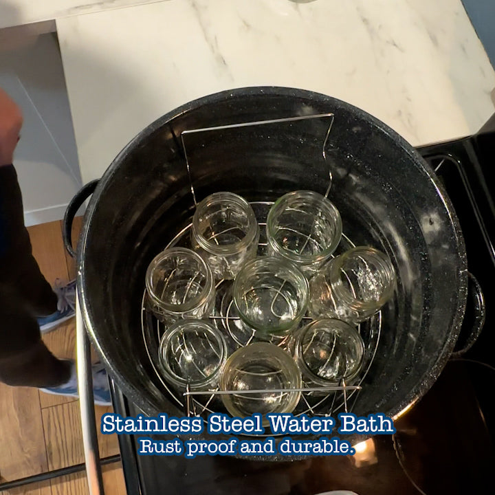 The rack in use, placing it into the bottom of a canning pot, and boiling it.