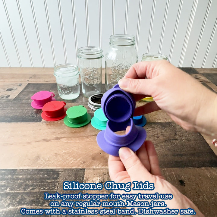 All the colors available for the chug lid, and how it comes apart and is put on a Mason jar.