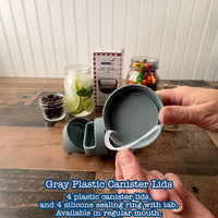 Unboxing video, demonstrates how the lids go on regular mouth Mason  jars, and works well to store wet and dry goods.