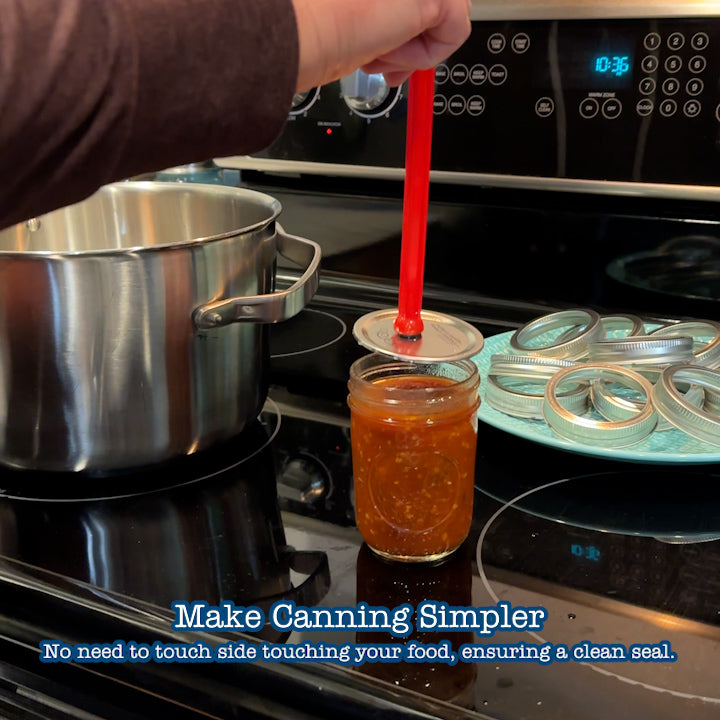 How to use the lid lifter to transfer your lids. Pick up lid with the magnet end, move it over the jar, press down on the top of it to release it from the magnet.