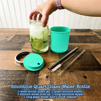 Mason Jar Lifestyle Smoothie 32oz Quart Glass Water Bottle with Silicone Sleeve & Straw Hole Lid