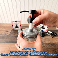How to put this soap pump together. Take the soap pump, put the bottom through the lid hole, and secure down with the screw down plastic nut. The straw is originally sized for a quart jar, cut shorter if using a smaller jar. Push the straw into the hole in the bottom of soap pump. Put foam ring onto the straw, pushing the ring up all the way up onto the part of the soap pump that is plastic, until it fits snugly and stays up by itself. Screw on to jar.