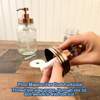 How to put this soap pump together. Take the soap pump, put the bottom through the lid hole, and secure down with the screw down plastic nut. The straw is originally sized for a quart jar, cut shorter if using a smaller jar. Push the straw into the hole in the bottom of soap pump. Put foam ring onto the straw, pushing the ring up all the way up onto the part of the soap pump that is plastic, until it fits snugly and stays up by itself. Screw on to jar.