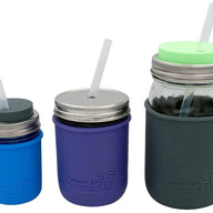 Short, medium, and long platinum cured silicone straws in half pint 8oz, pint 16oz, and quart 32oz Mason jars with Mason Jar Lifestyle silicone sleeves and lids