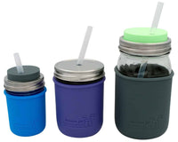 Short, medium, and long platinum cured silicone straws in half pint 8oz, pint 16oz, and quart 32oz Mason jars with Mason Jar Lifestyle silicone sleeves and lids