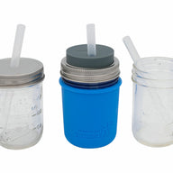 Short platinum cured silicone straws in half pint 8oz Ball and Kerr Mason jars and Mason Jar Lifestyle sleeve and lid