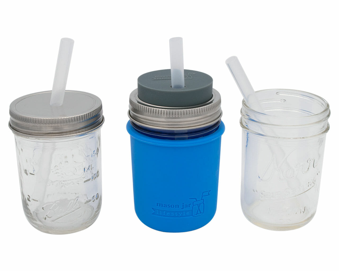 Short platinum cured silicone straws in half pint 8oz Ball and Kerr Mason jars and Mason Jar Lifestyle sleeve and lid