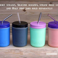 Silicone sleeves for half pint 8oz Mason jars with lids and reusable straws koozies kozies coozies cozies