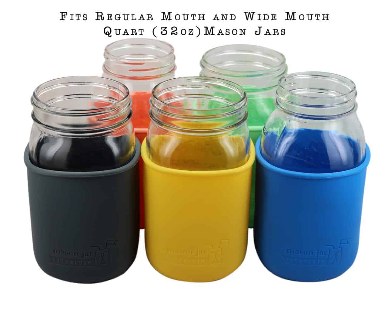 Silicone sleeves for regular or wide mouth quart 32oz Mason jars in five colors