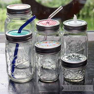 Stainless steel rust proof bands / rings on six Ball Mason jars with different lid inserts