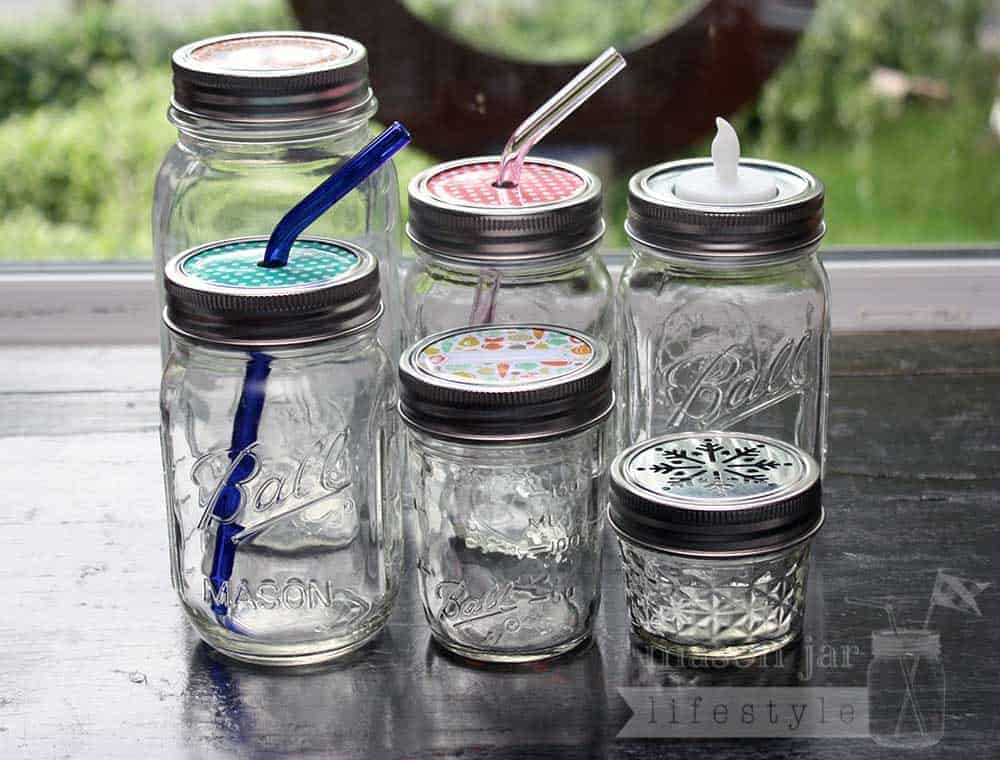 Stainless steel rust proof bands / rings on six Ball Mason jars with different lid inserts