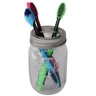 Toothbrush holder lid on regular mouth Ball pint jar with toothbrushes