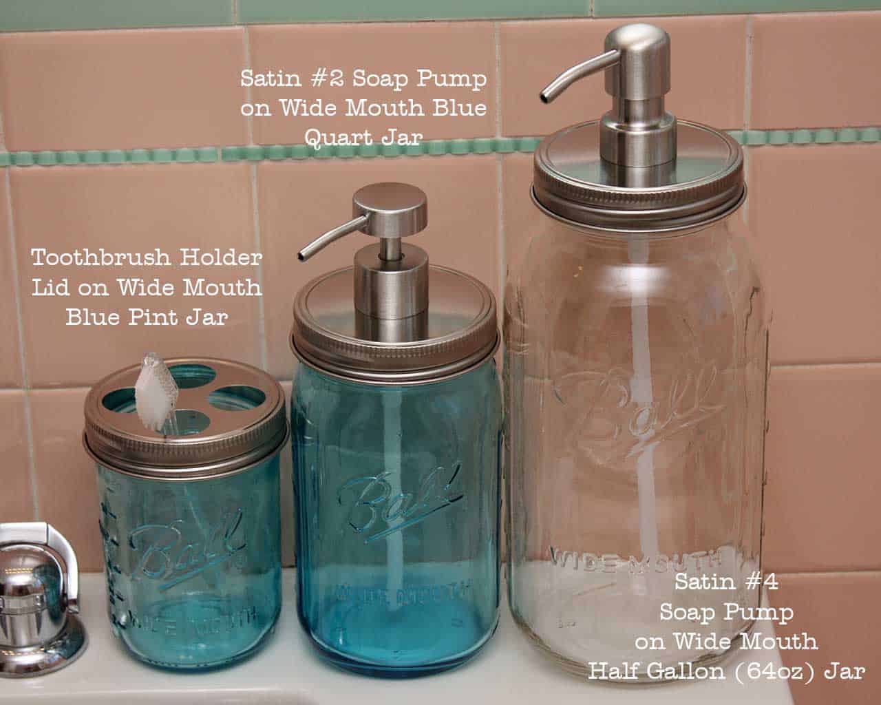 Stainless steel wide mouth soap lids and toothbrush lid on pint, quart, and half gallon Ball Mason jars