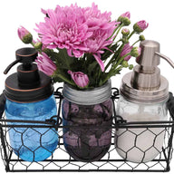 three-3-jar-caddy-regular-wide-mouth-pint-mason-jars-black-wood-handles-chicken-wire-frog-flower-lid-desk-organizer-soap-lotion-dispenser-pumps