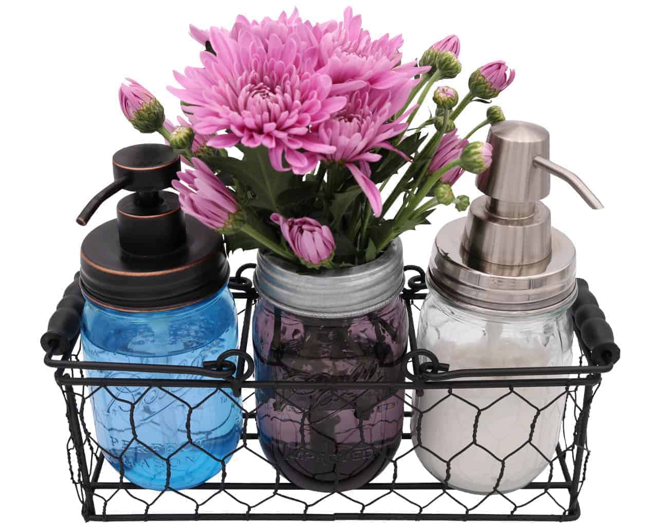 three-3-jar-caddy-regular-wide-mouth-pint-mason-jars-black-wood-handles-chicken-wire-frog-flower-lid-desk-organizer-soap-lotion-dispenser-pumps