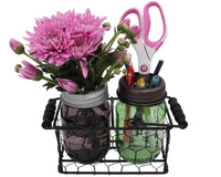 two-2-jar-caddy-regular-wide-mouth-pint-mason-jars-black-wood-handles-chicken-wire-frog-flower-lid-desk-organizer-pens-pencils-scissors