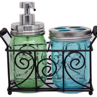 two-pint-mason-jar-bathroom-caddy-black-metal-swirl-wire-handles-mirror-chrome-soap-pump-toothbrush-lid