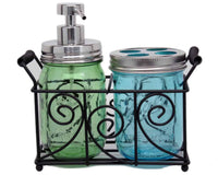 two-pint-mason-jar-bathroom-caddy-black-metal-swirl-wire-handles-mirror-chrome-soap-pump-toothbrush-lid