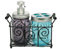 two-pint-mason-jar-bathroom-caddy-black-metal-swirl-wire-handles-satin-brushed-soap-pump-toothbrush-lid