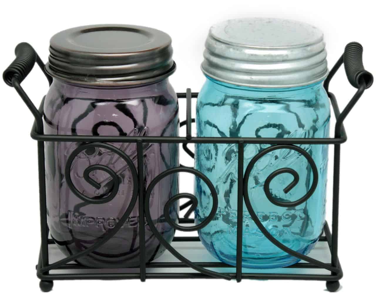 two-pint-mason-jar-decorative-caddy-black-metal-swirl-wire-handles-galvanized-oil-rubbed-bronze-lids-blue-purple-ball