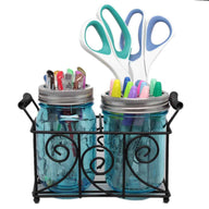 two-pint-mason-jar-desk-caddy-black-metal-swirl-wire-handles-pens-markers-scissors-blue-ball