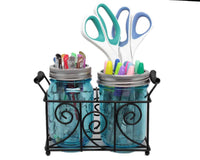 two-pint-mason-jar-desk-caddy-black-metal-swirl-wire-handles-pens-markers-scissors-blue-ball