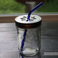 Wide mouth pint Ball jar with daisy lid and blue glass bent straw