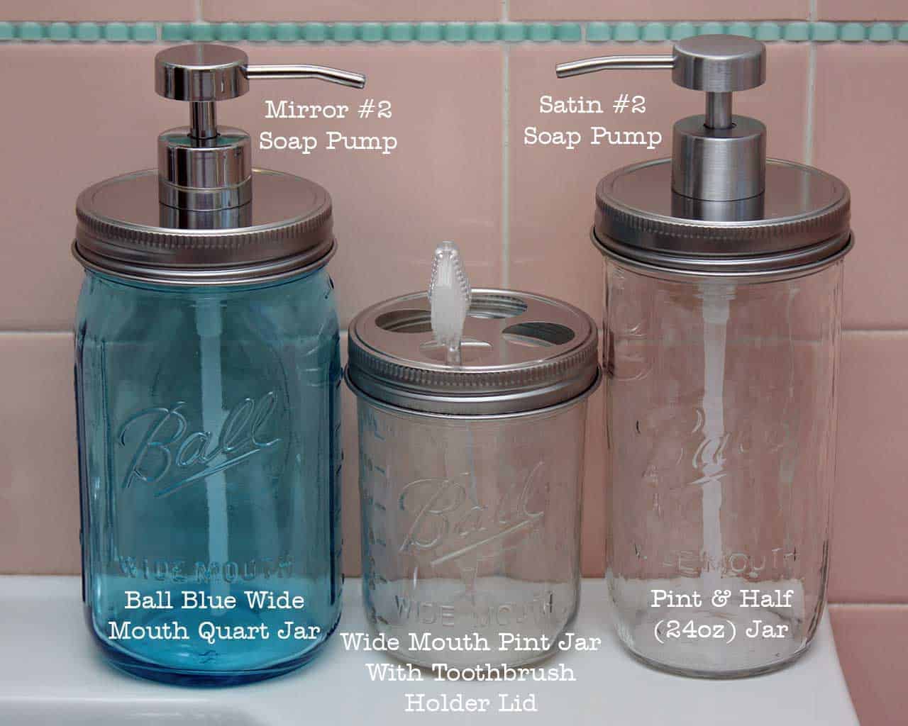 Stainless steel wide mouth soap lids and toothbrush lid on 3 sizes of Ball Mason jars