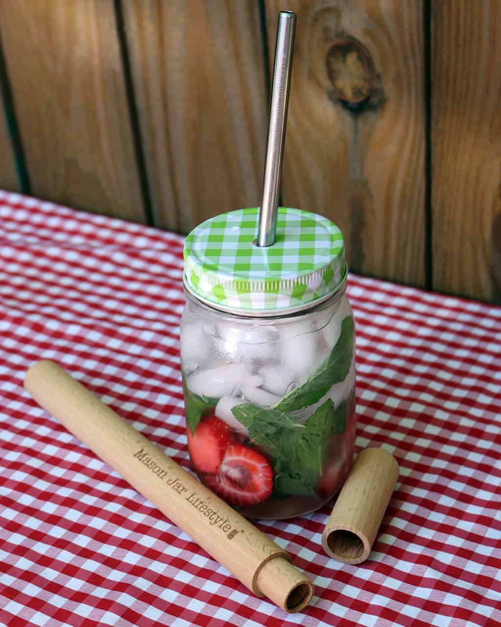 wood-straw-carrying-case-beech-food-safe-oil-mason-jar-lifestyle-pint-jar-safer-stainless-steel-straw-green-gingham-lid-mint-strawberries