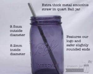 Extra thick metal smoothie straw in purple quart Ball jar with text information