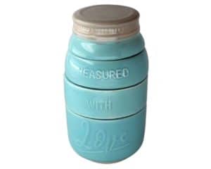 Mason jar measuring cups. Measured with love. Blue ceramic