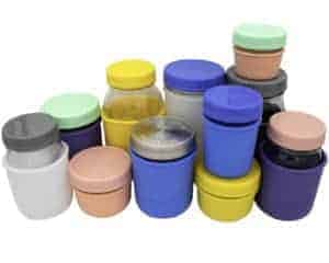 Mason Jar Lifestyle Leak proof plastic storage lids and silicone jackets on regular mouth 4oz, 8oz, 16oz, 32oz half pint quart Mason jars 5 colors