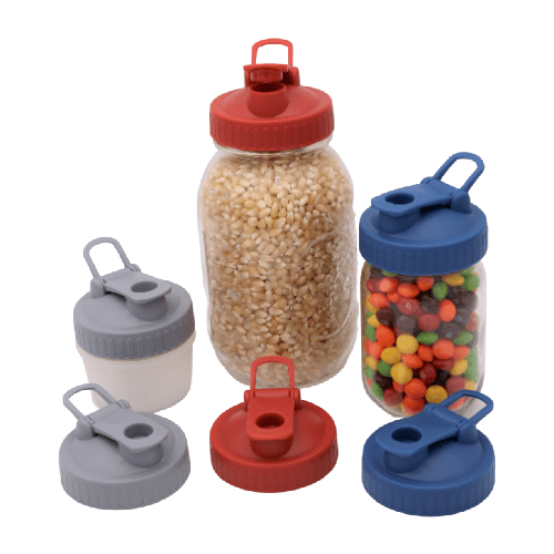 Mason jar lifestyle pour and store lid with carrying loop in regular mouth colors charcoal gray brick red deep blue